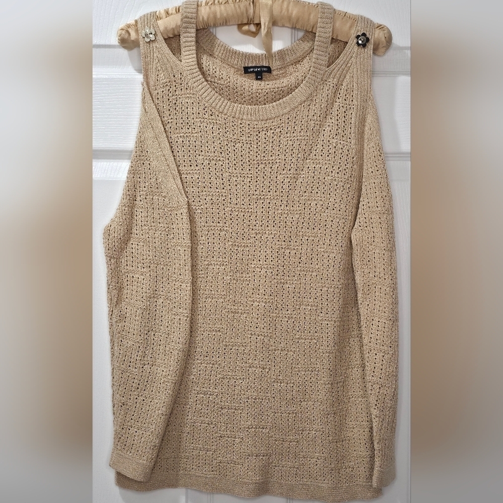 Caroline Biss Beige Cotton Blend Open Knit Sweater Top Sz S M